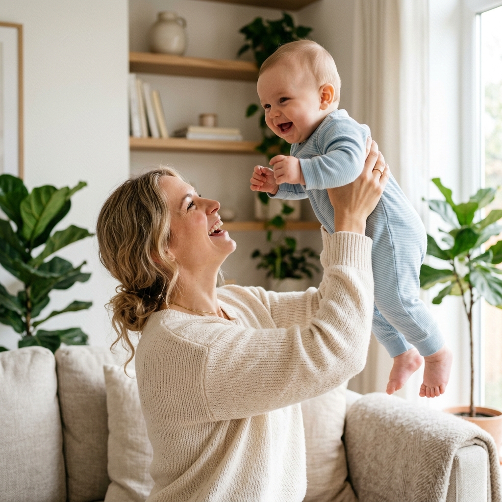 Parent holding happy baby
